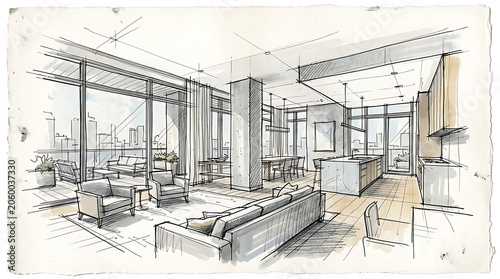 Elegant modern interior living space with open-concept design featuring large windows and minimalist decor in a high-end apartment