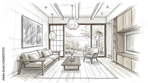Minimalist modern living room with large windows and stylish furniture for relaxation and social gathering
