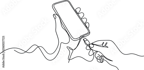 Foto Continuous one line drawing of a hand holding a smartphone and plugging in a charging cable