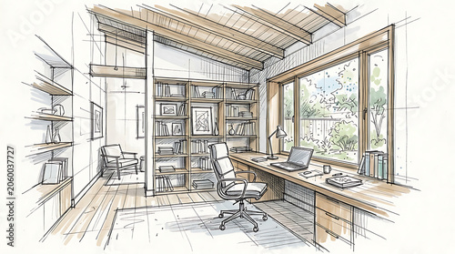 Elegant home office workspace with large windows, wooden accents, and organized shelves creating a cozy productive environment