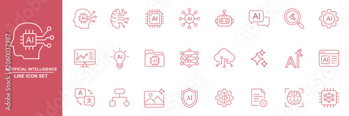 Foto Generative AI line icon set featuring artificial intelligence, machine learning, chatbot, neural network, creativity, robot, and automation