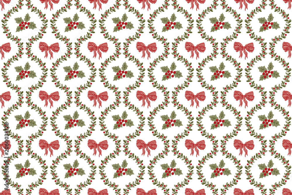 Fototapeta premium Coquette Christmas berry, botanical branch and bows seamless pattern. Hand drawn retro damask winter holiday print, wallpaper, New Year textile design, vector repeat background, wrap, gift paper.