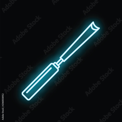 Εκτύπωση καμβά Bright blue neon outline depicting a curved woodworking gouge on a black backgro