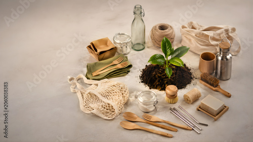 Sustainable zero waste lifestyle products around a green plant