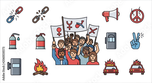 фотографія Protesters and activists at a demonstration with social unrest icons