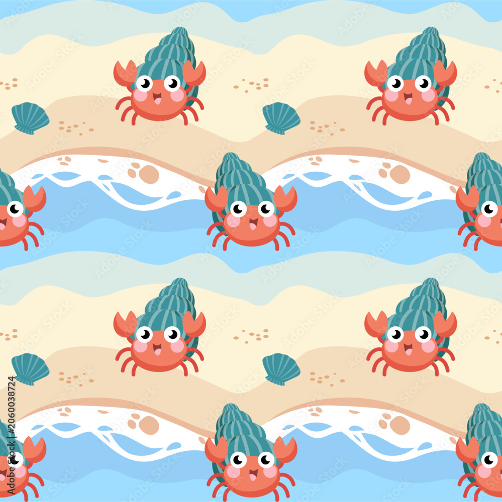 Obraz premium Cute hermit crab and beach waves seamless pattern, sweet little ocean creature vector background for kids summer swimwear