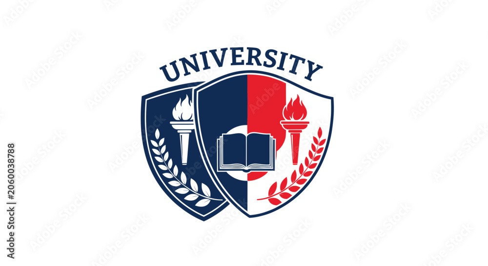 Obraz premium Academic university emblem with shield book torch and laurel