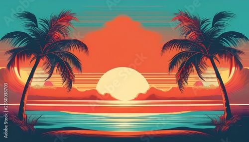 retro summer vibes banner abstract silhouette palm and beach background