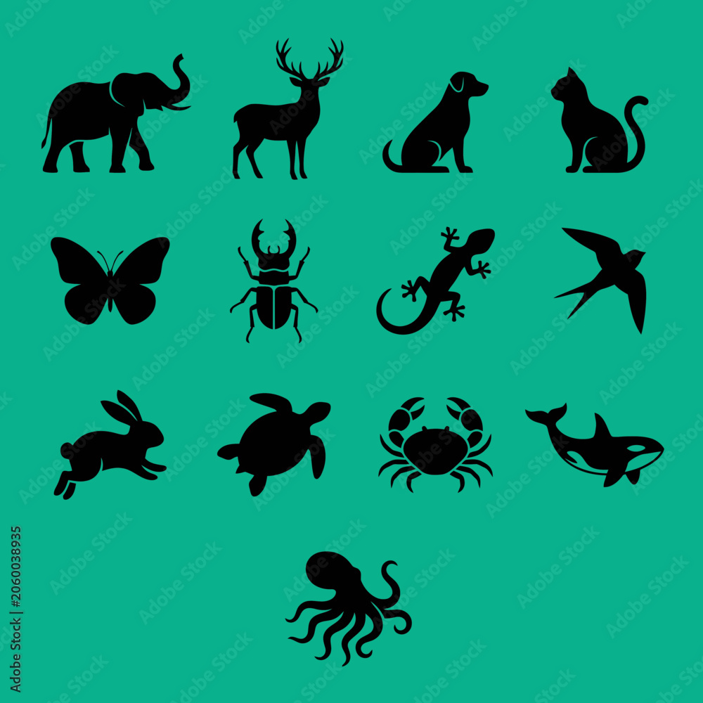 Obraz premium A Collection of Animal Silhouettes Featuring Various Creatures on a Green Background