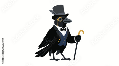 Elegant raven gentleman wearing a top hat and holding a cane