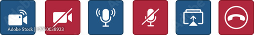Video Conference Call UI Icons Set with Camera Mute Microphone Audio Screen Share and End Call Buttons