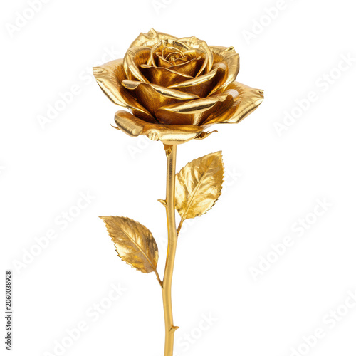 Exquisite single long-stemmed rose with polished gold-plated petals, intricate veins and smooth leaves isolated on a white background, concept of luxury opulence