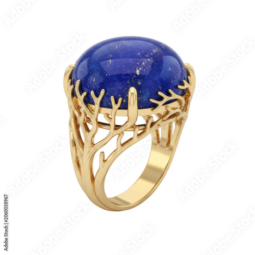 Intricate gold ring with a polished cabochon lapis lazuli stone featuring organic filigree root designs on a minimalist white background, luxurious craftsmanship