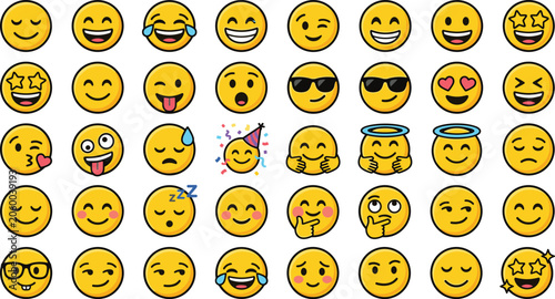 Happy Emoji Vector Icon Set with Cute Yellow Smileys Emoticons and Cartoon Faces Expressing Joy Love Celebration and Positive Moods for Digital Chat Applications