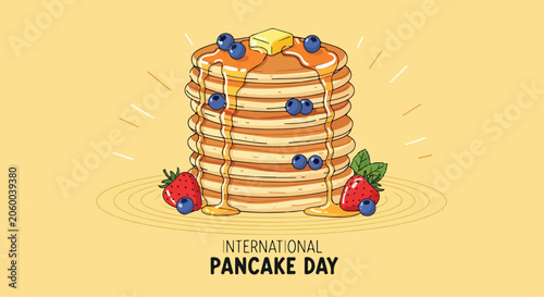 Canvas Print A stack of pancakes with syrup, butter, blueberries, and strawberries
