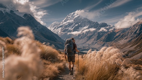 Outdoor adventure explore. A vivid, highresolution photograph captures a hiker in a mountainous landscape. The hiker, wearing a backpack and hiking gear, walks on a trail surrounded by tall.