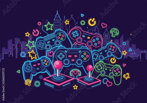 Bild auf Leinwand Colorful gaming controllers in a cityscape at night
