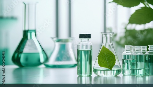 clear water in glass flask and vial with natural green leave in biotechnology science laboratory background