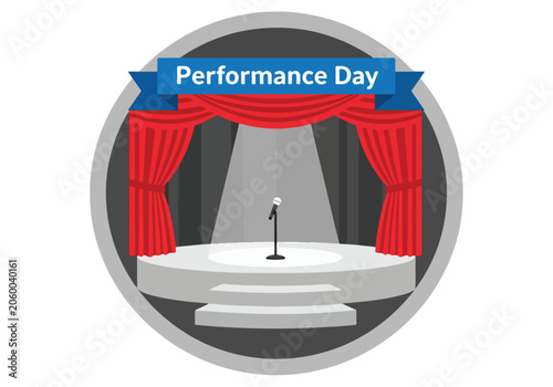 A stage with a microphone and red curtains