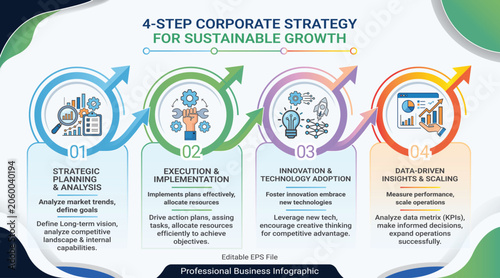  4 Step corporate strategy business infographic template with icons, Infographic design template for business presentation with four steps.