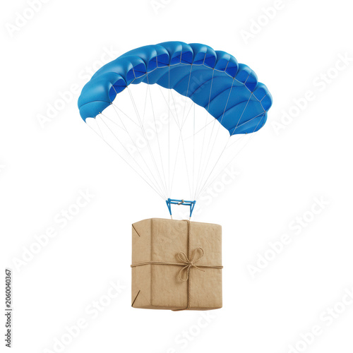 Rustic brown paper parcel suspended in mid-air attached to a vibrant electric blue parachute with canopy lines against a white background, concept of rapid delivery