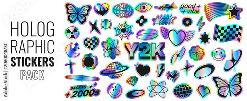 Retro holographic Y2K sticker collection. Vector futuristic labels with retro symbols and objects with iridescent foil texture for scrapbooking, and nostalgic cyber designs, 2000s-inspired branding.