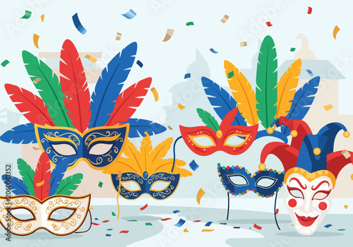 Fotografie Colorful carnival masks with feathers and confetti