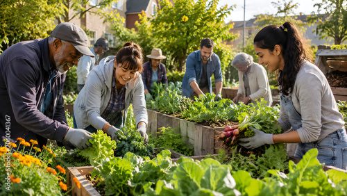 Diverse group of people gardening in sunny community garden