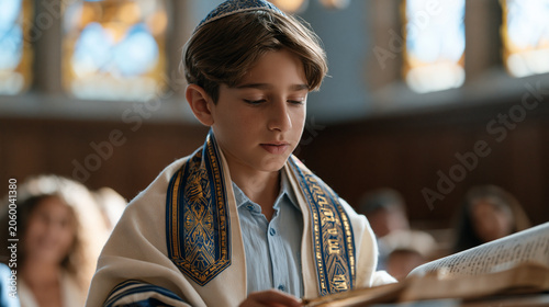 Bar mitzvah boy reading from the Torah at a synagogue bimah in front of a congregation during Rosh Hashanah season, wearing a new tallit draped over his shoulders, his family