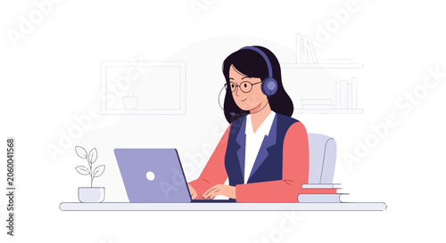 A professional woman with glasses and a headset is efficiently working on a laptop at her office desk with books and a plant.