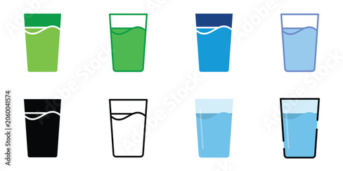 Glass of Water Icon Set Collection, Drinking Water Cup Symbol, Hydration Beverage Vector Illustration in Multiple Styles