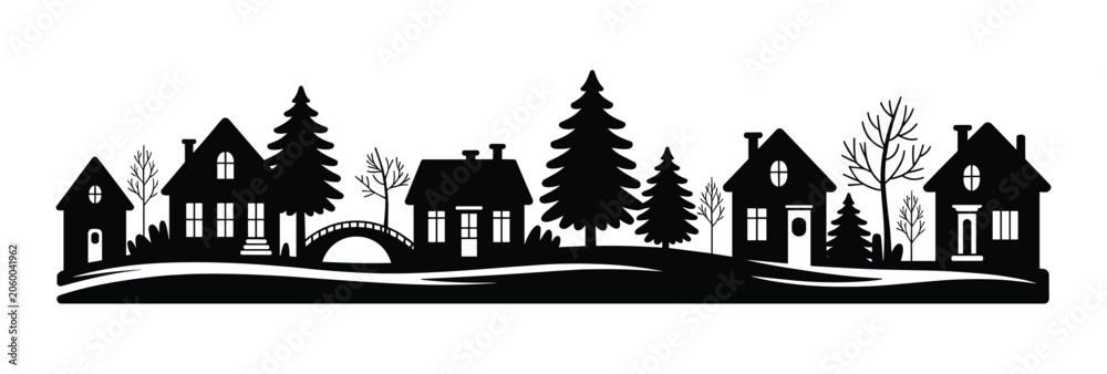 Obraz premium Village Silhouette: A charming black silhouette depicts a quaint village nestled against a snowy landscape, featuring houses, evergreen trees, and a small bridge under a winter sky.