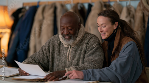 Social worker and formerly homeless veteran review housing paperwork together at a folding table inside a transitional shelter common room, donated coats hanging on hooks behind