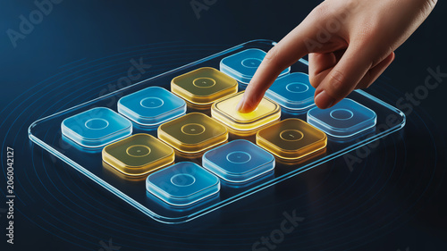 A futuristic digital interface concept showing a hand interacting with a transparent holographic device.