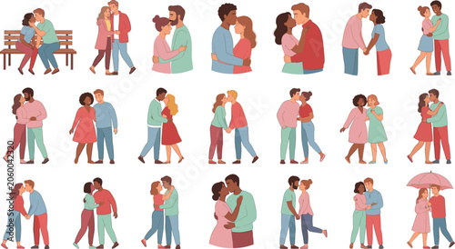 Diverse Romantic Couple Vector Set with Multicultural Partners Hugging Kissing and Holding Hands for Valentines Day Wedding and Relationship Graphic Designs