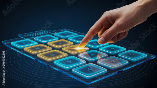 A futuristic digital interface concept showing a hand interacting with a transparent holographic device.