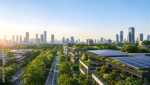 Modern sustainable urban development with solar panels and greenery