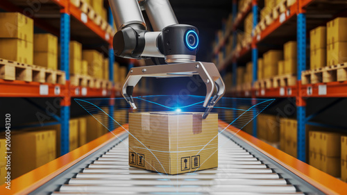 A futuristic industrial scene of a robotic arm scanning a cardboard box in a warehouse setting