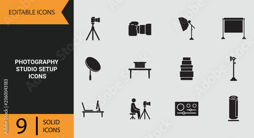 Εκτύπωση καμβά Photography Studio Workspace Solid Icons Set For Professional Content Creation