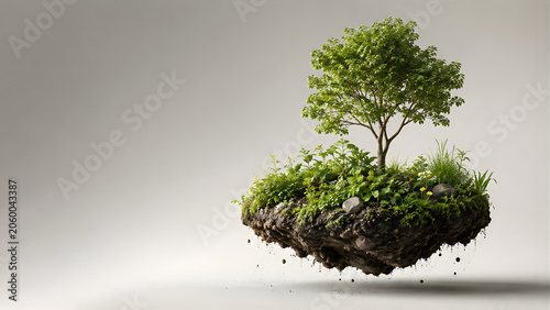 Lush green tree growing on floating soil island over white