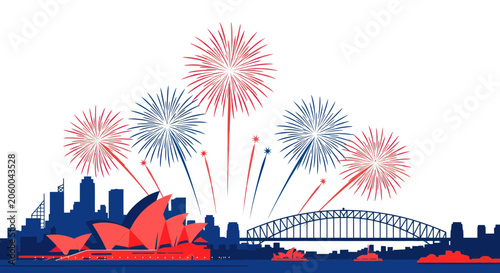 Fotografie Sydney skyline with fireworks over the harbor and iconic landmarks