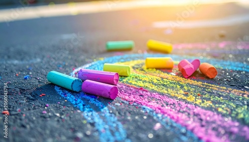 Colorful chalk drawings on asphalt, perfect for summer outdoor activities and children's creativity