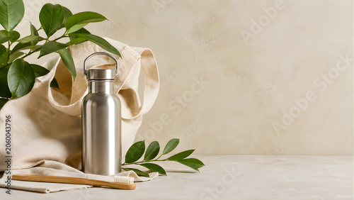 Sustainable lifestyle products with reusable bottle and bamboo brush