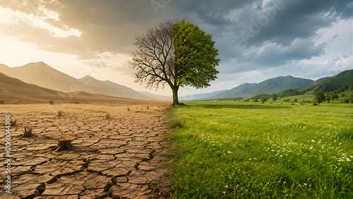 Contrast between climate change drought and healthy nature landscape