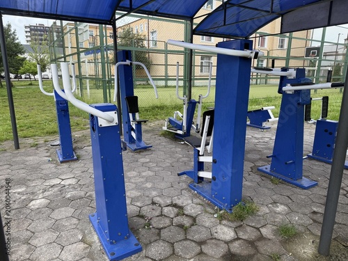 a blue structure with a white pipe