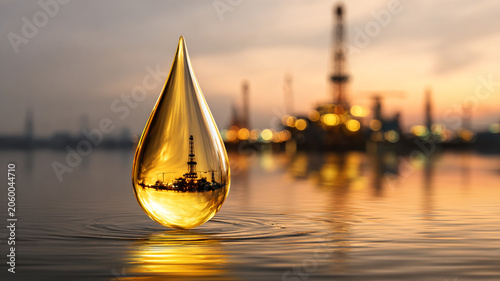 Golden Oil Drop Reflecting Offshore Drilling Platform. - Energy Investment and Petroleum Industry Concept.