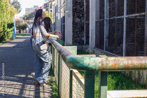 Two people look at animals in a zoo enclosure while standing beside a green railing on a sunny day