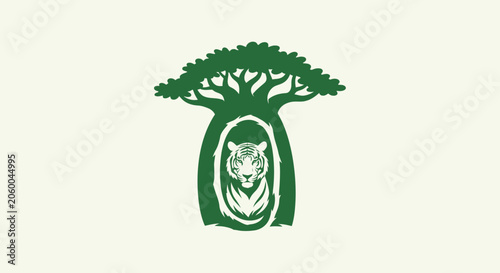 Green baobab tree and tiger head silhouette logo.
