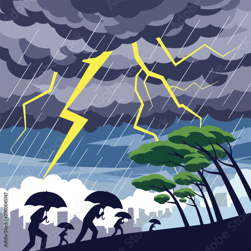 A stormy weather scene with people and trees