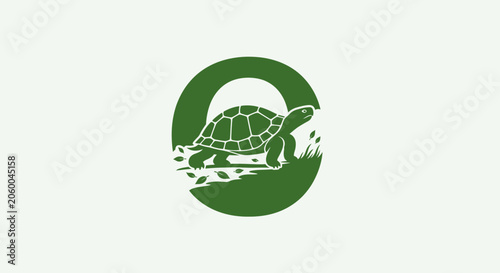 Green turtle logo with circular design element.